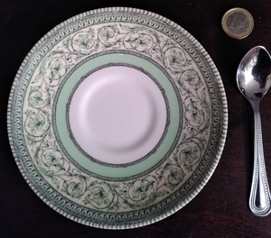 assiette, cuiller et pièce de 1 euro