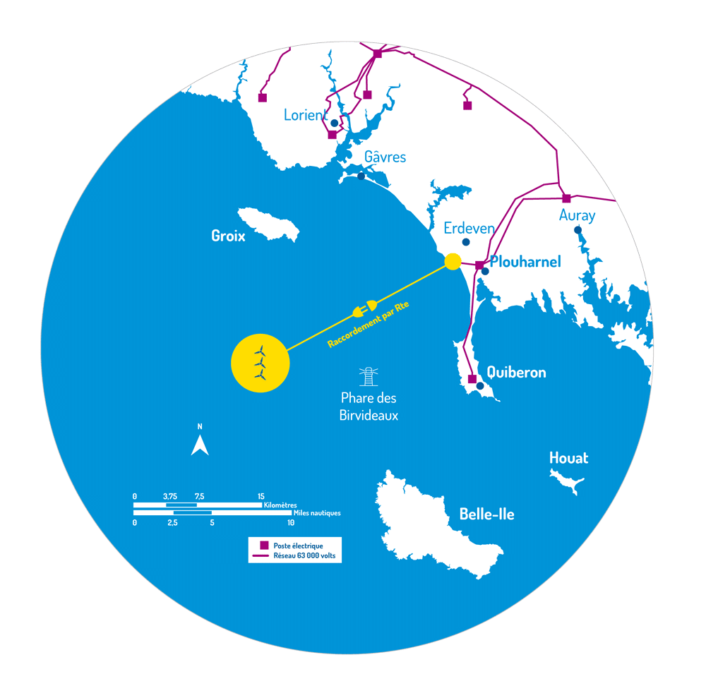 Carte montrant l'implantation de la ferme de trois éoliennes au sud de Groix, nord-ouest de Belle-Île, ouest-nord-ouest du phare des Birvideaux.