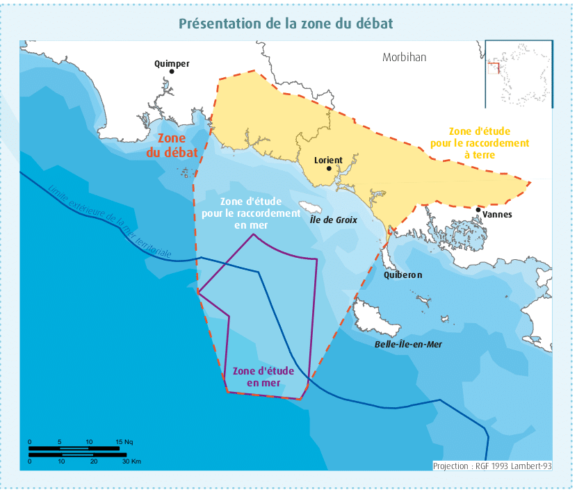 Carte de la zone de débat public sur l'éolien flottant au large de Groix et Belle-Île. Cette carte montre deux zones de débat : celle d'implantation des éoliennes flottantes et celle d'atterrage des câbles au niveau de la côte.