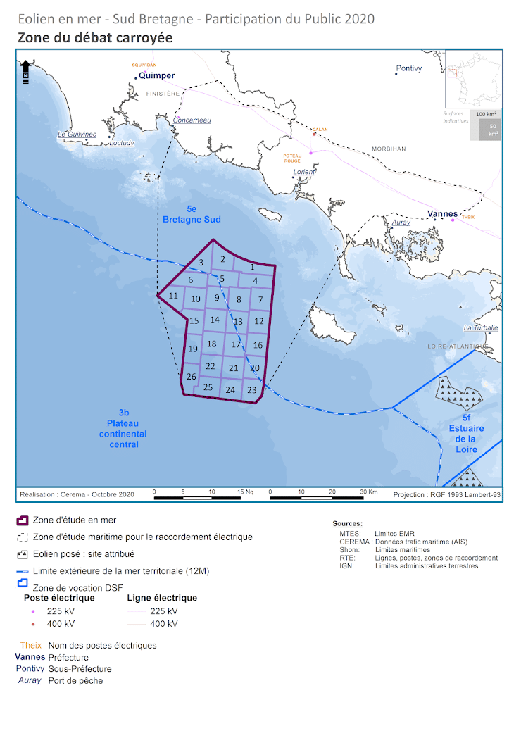 Zone carroyée au sud de Groix et ouest de Belle-Île montrant les 26 parcelles possibles d'implantation des fermes d'éoliennes